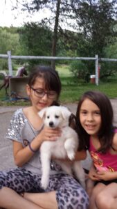 Two young girls sitting outdoors, one holding a small white puppy, with trees and a fenced area in the background.